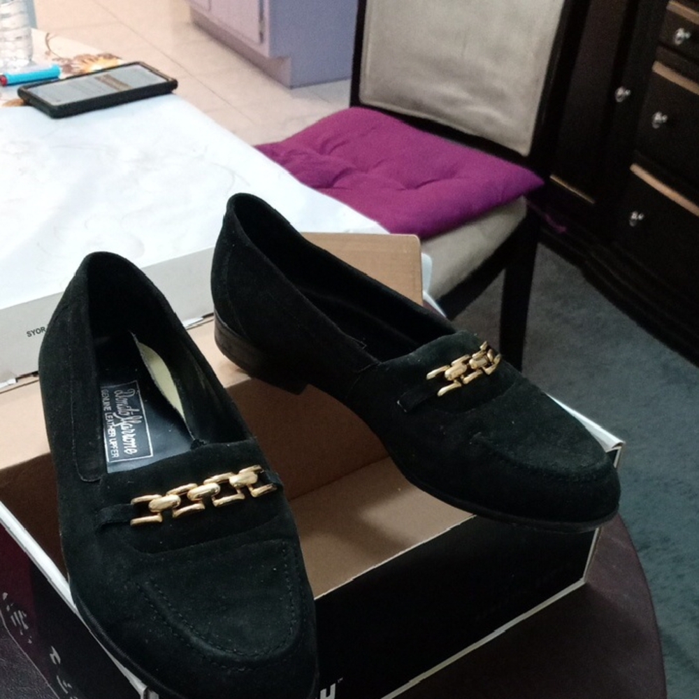 Black Suede Loafers with Gold Chain Detail